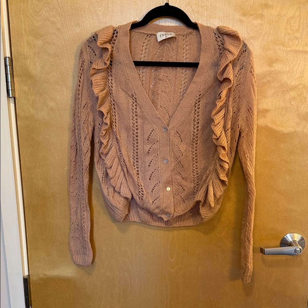 Fable Ruffled Cable-Knit V-Neck Cardigan - Dusty Rose Size Medium